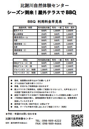 比謝川自然体験センターBBQ料金早見表